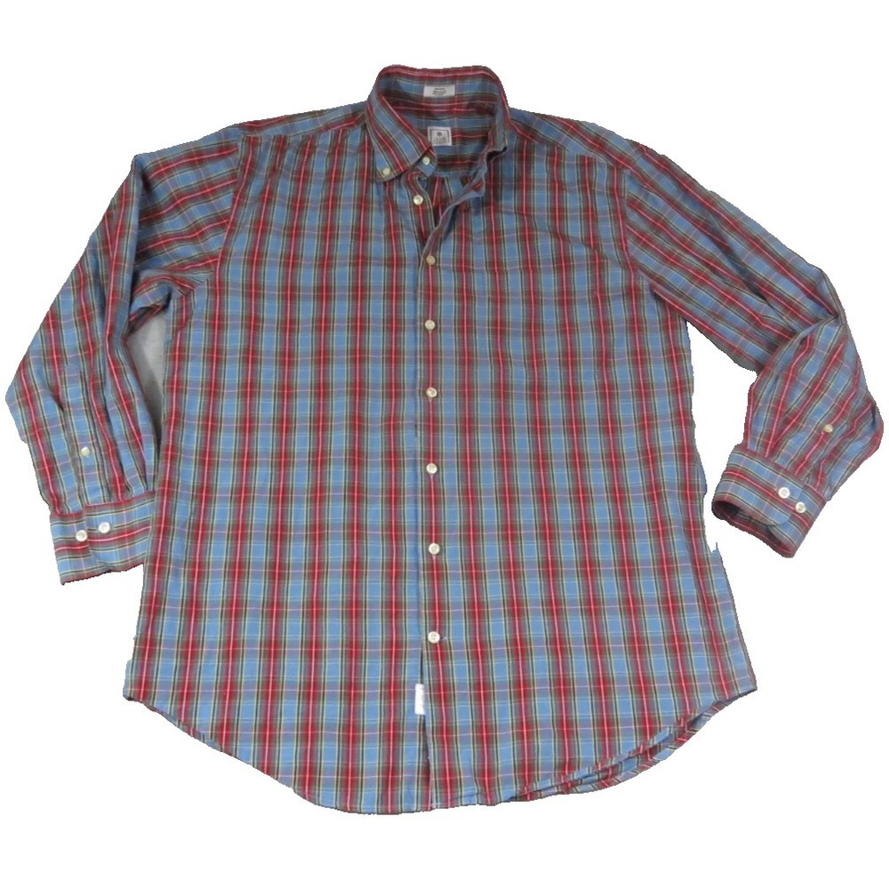 Peter Millar Button‎ Up Shirt Men's Medium Red Blue Plaid Long Sleeve Cotton